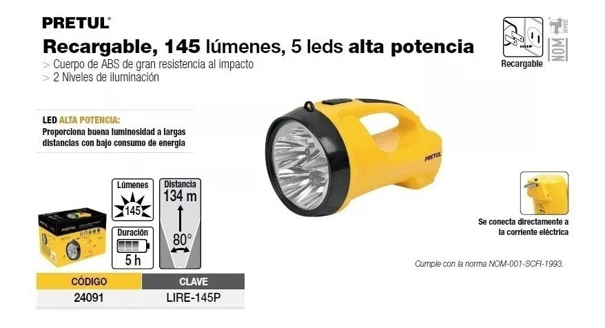 Linterna Recargable De Leds, 145 Lúmenes, Pretul 24091 Linterna Amarillo Luz Blanco - Image 2