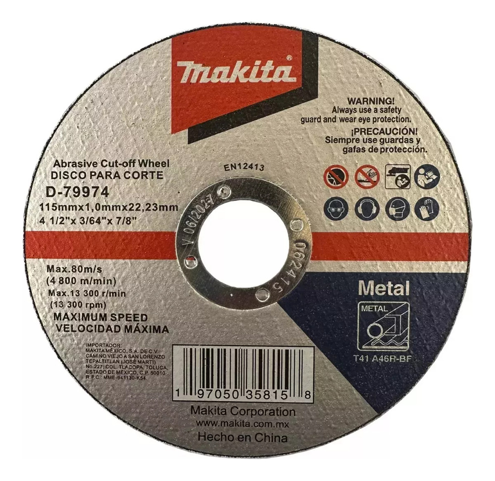 Disco Abrasivo Corte Metal 4-1/2 X 7/8 50 Pzs Makita D79974 Gris Oscuro