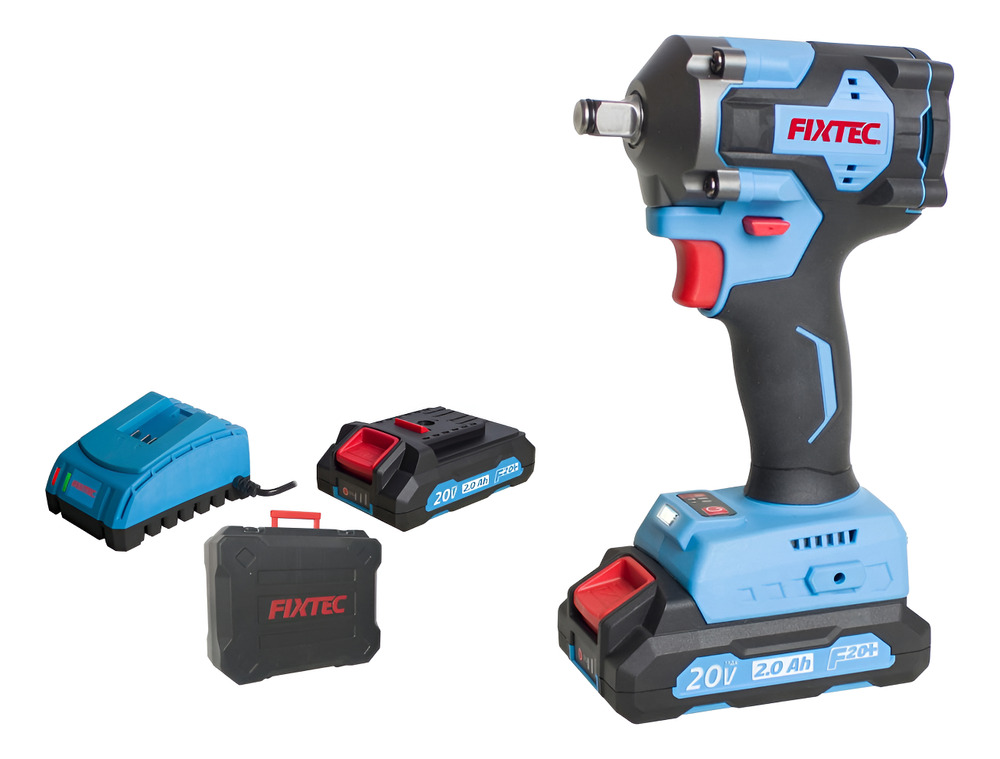 Llave De Impacto Fixtec, 400 N.m, 2 Batería,cagador, Estuche Azul 20v